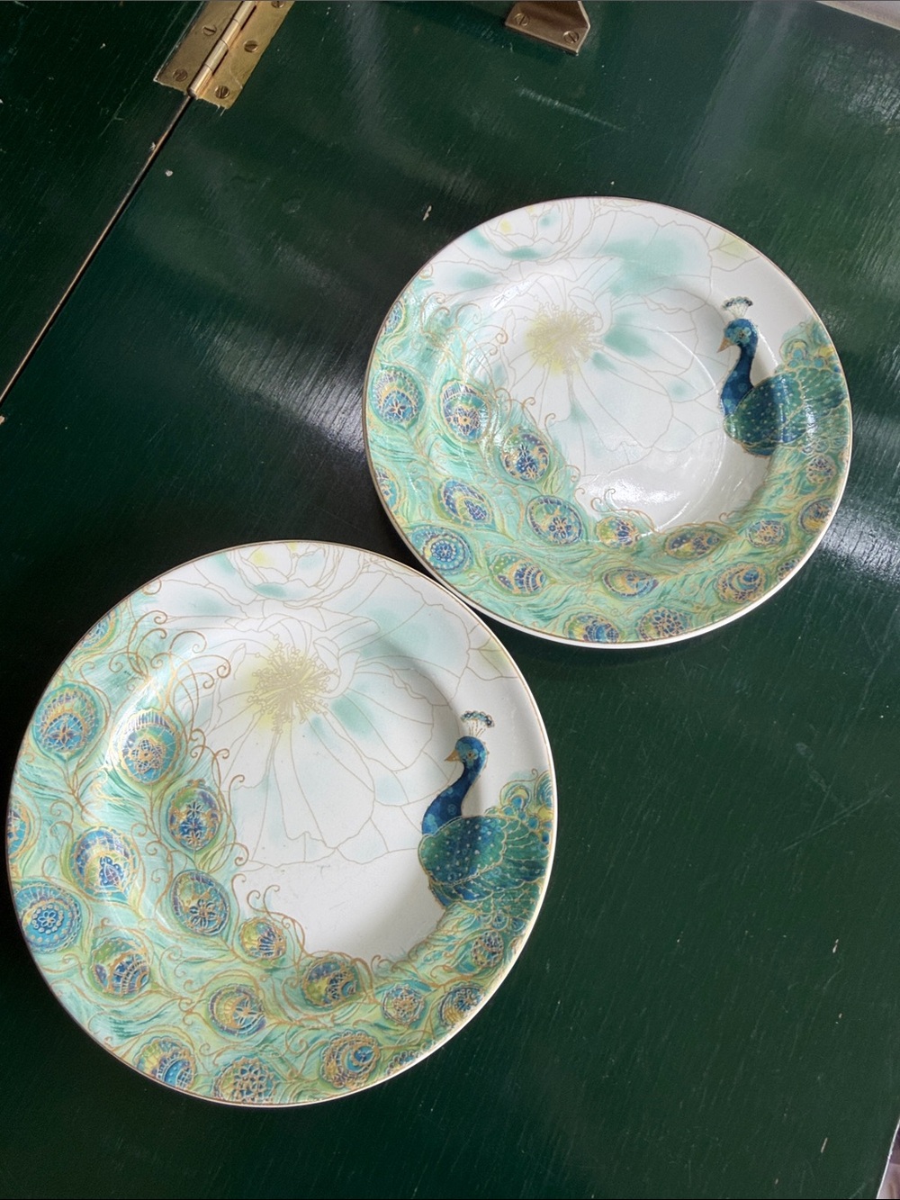 222 Fifth, Lakshmi, Peacock Motif Ceramic Salad/Dessert Plates, Gold Trim, (2)